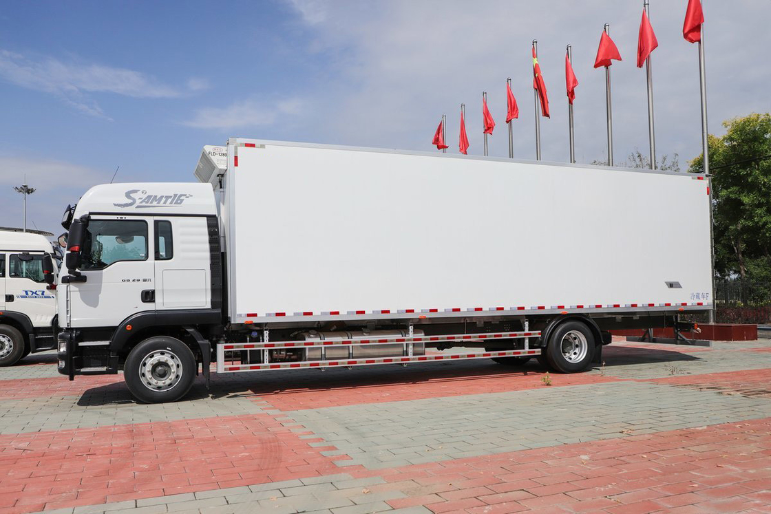 Diesel à 10 vitesses 290 ch 4x2 9,45m Déflecteur rangée demi-cabine Corps blanc SITRAK ZZ5186 Trois portes de fret camion réfrigéré